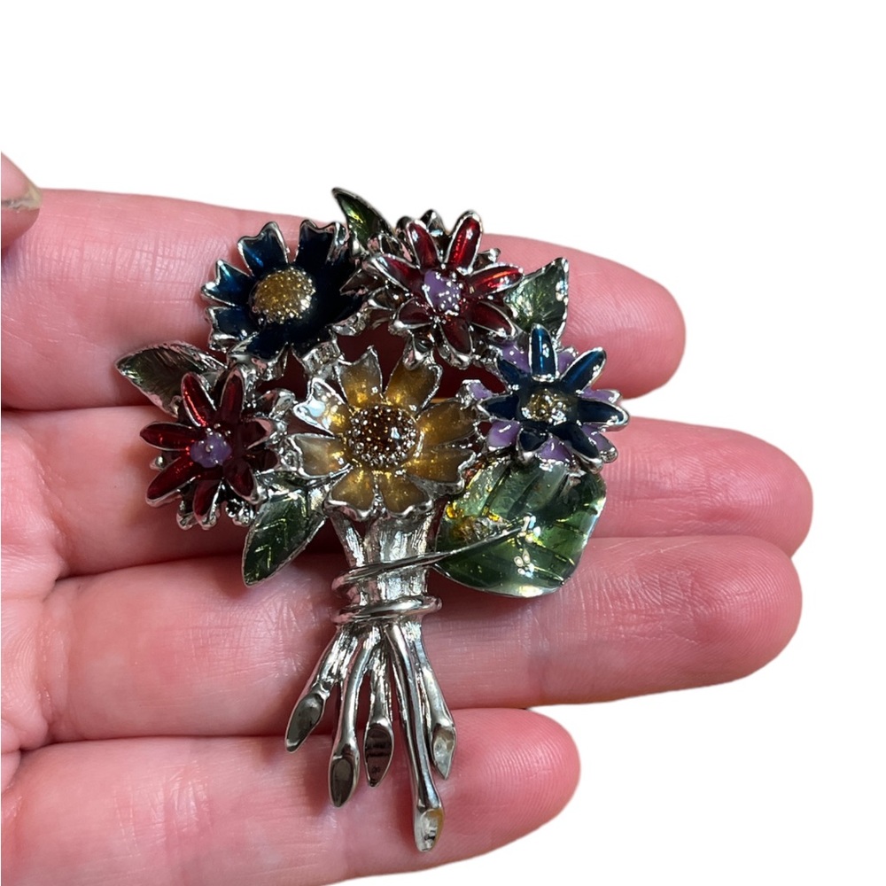 Colorful Enameled Flower Bouquet Brooch